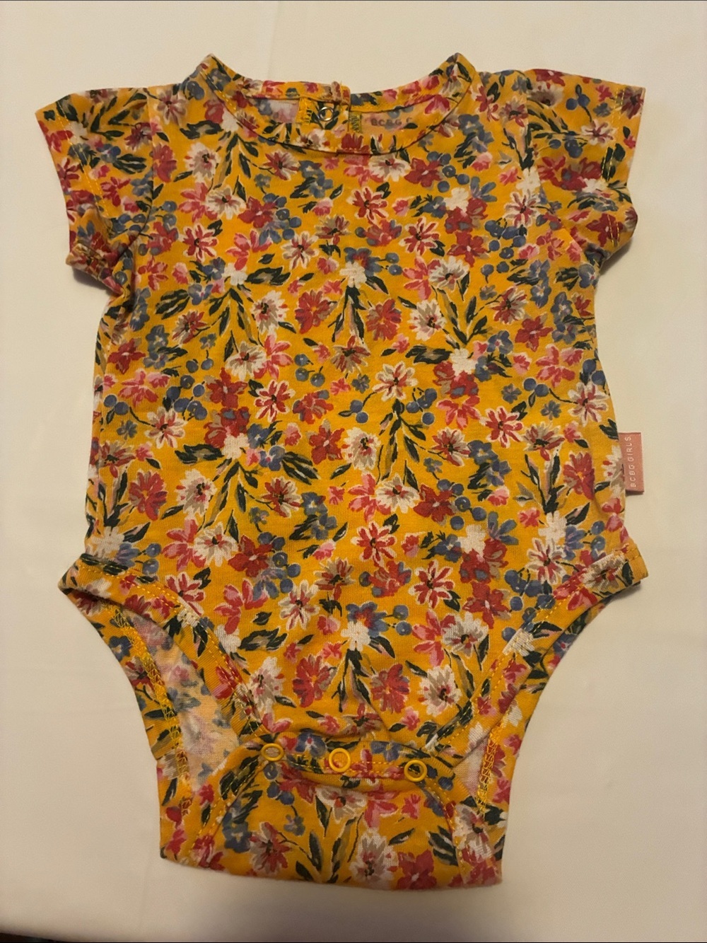 BCBG Girls Yellow Floral Baby Romper with Pink & Blue Accents